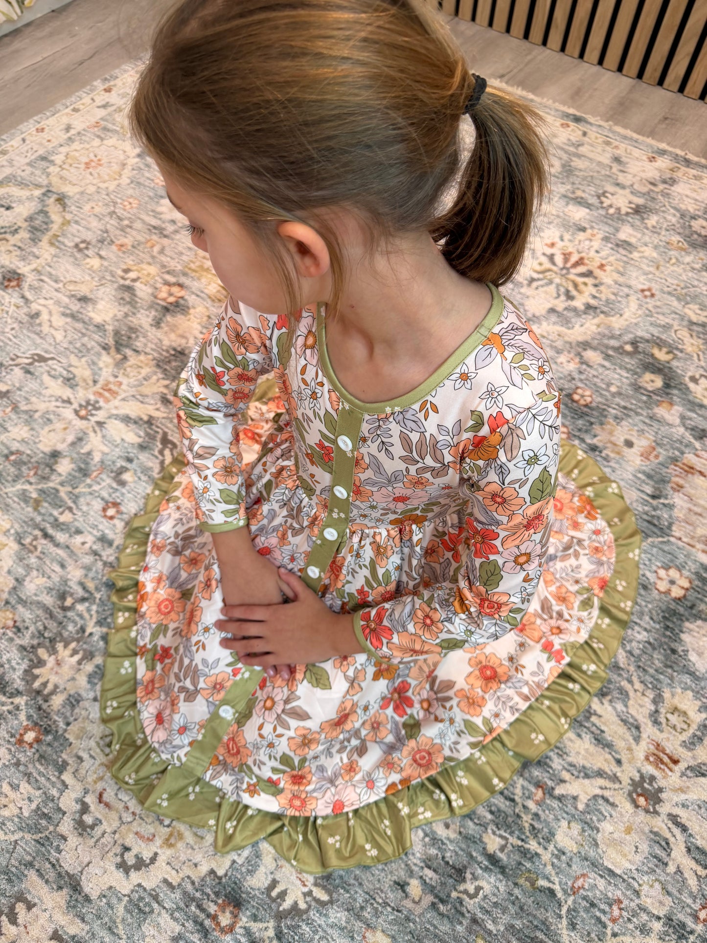 Kids Sage & Rust Fall Floral Button Dress with Pockets