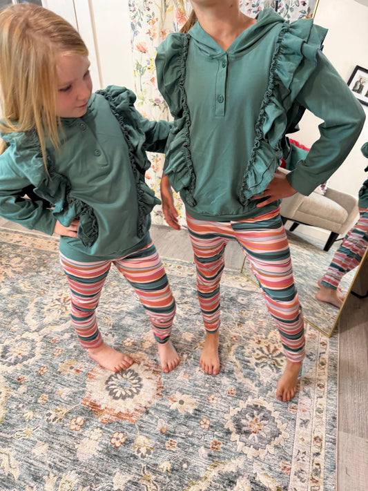 Kids Sage Double Ruffle Button Hoodie & Stripe Leggings Set