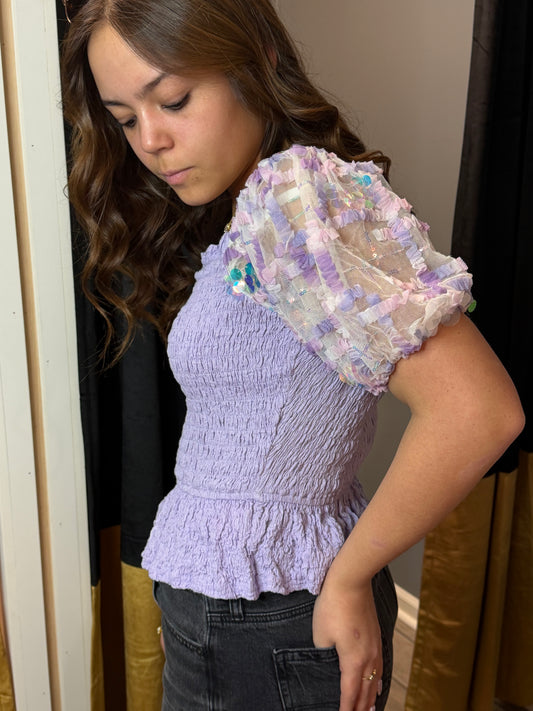 Sequin Smocked Lavender Top