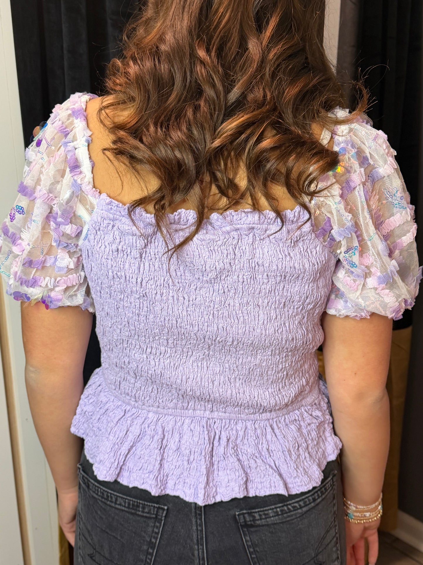 Sequin Smocked Lavender Top