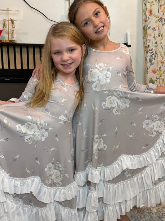 Girls Winter Rose Floral Long Sleeve Ruffles Dress