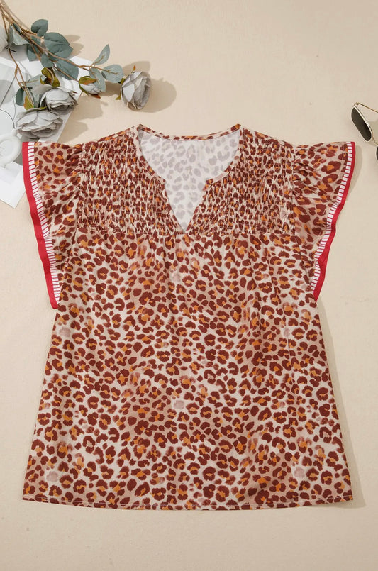 Leopard Ruffle V Neck Top