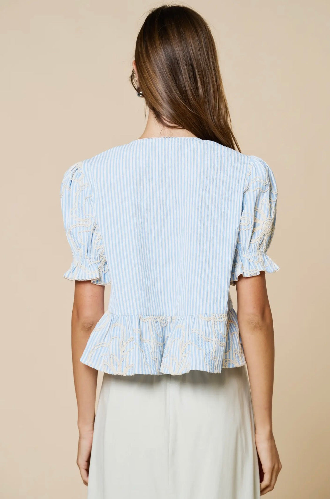Blue Floral Striped Blouse With Bow Tie