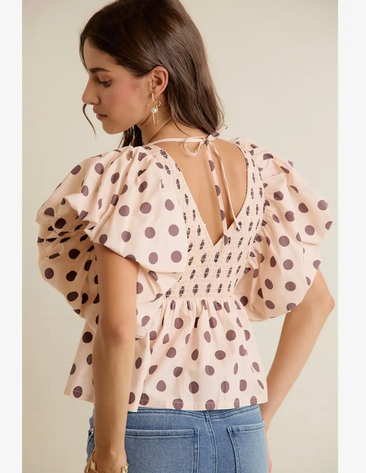 Grace Polka Dot Bubble Sleeve Smocked Blouse Rice/Brown