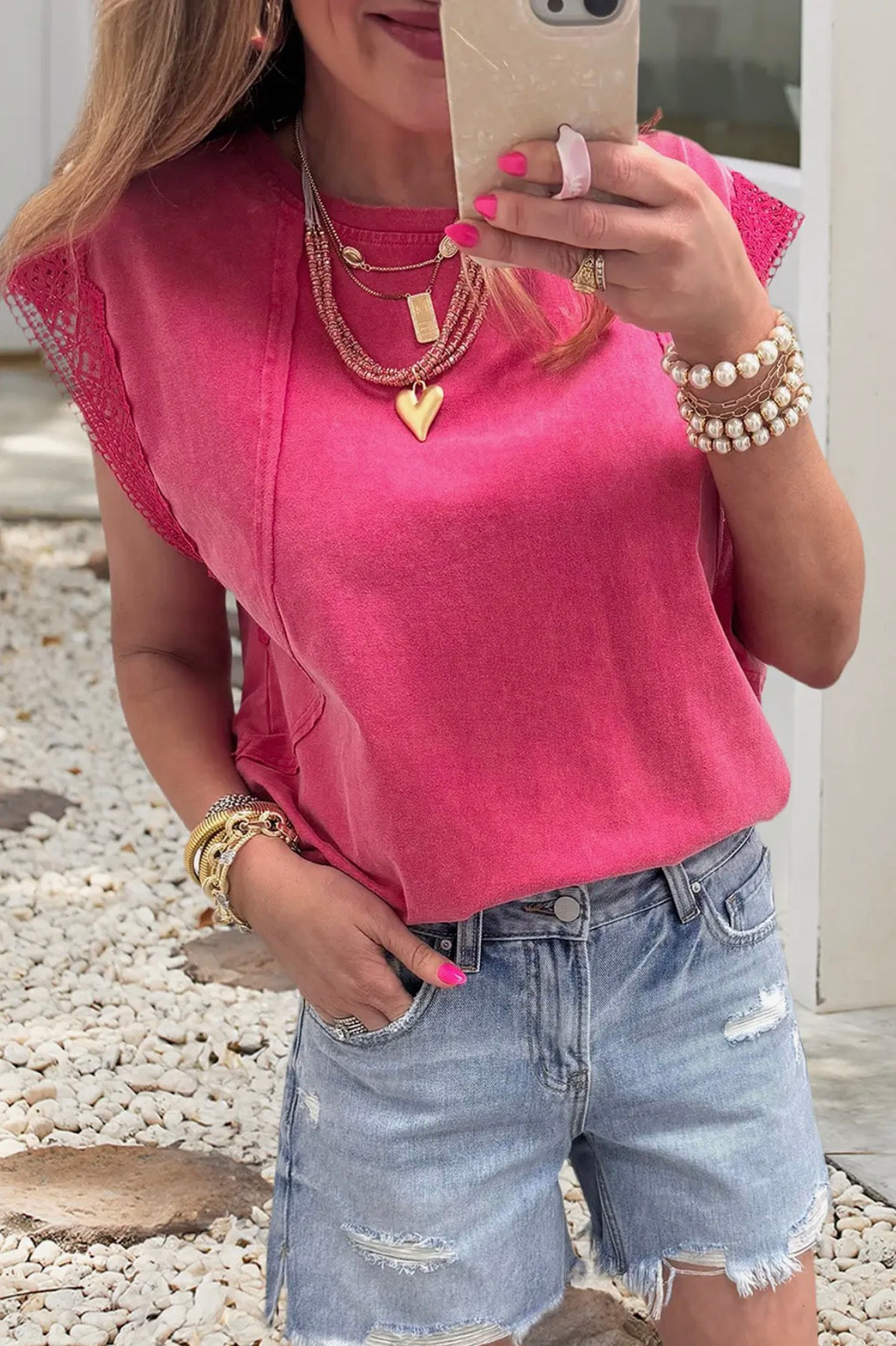 Tia Mineral Wash Raw Seam Lace Tee