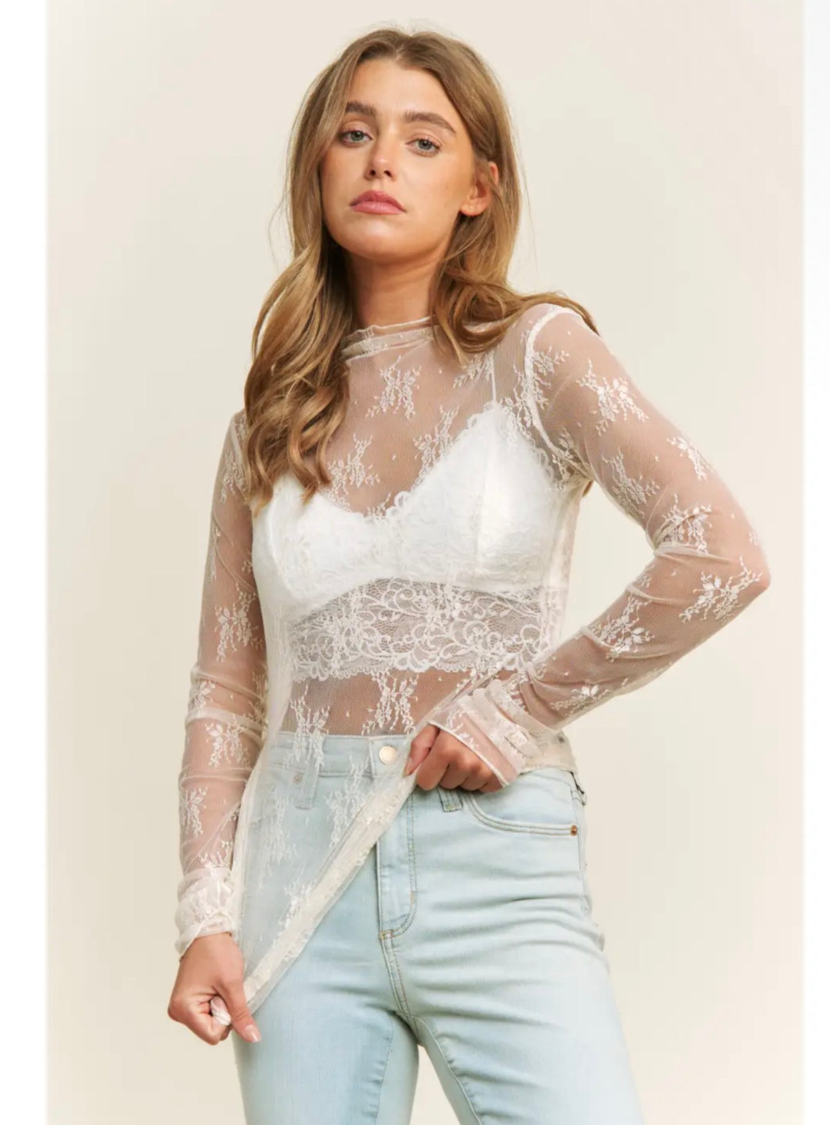 Lace Mesh Long Sleeve Cream