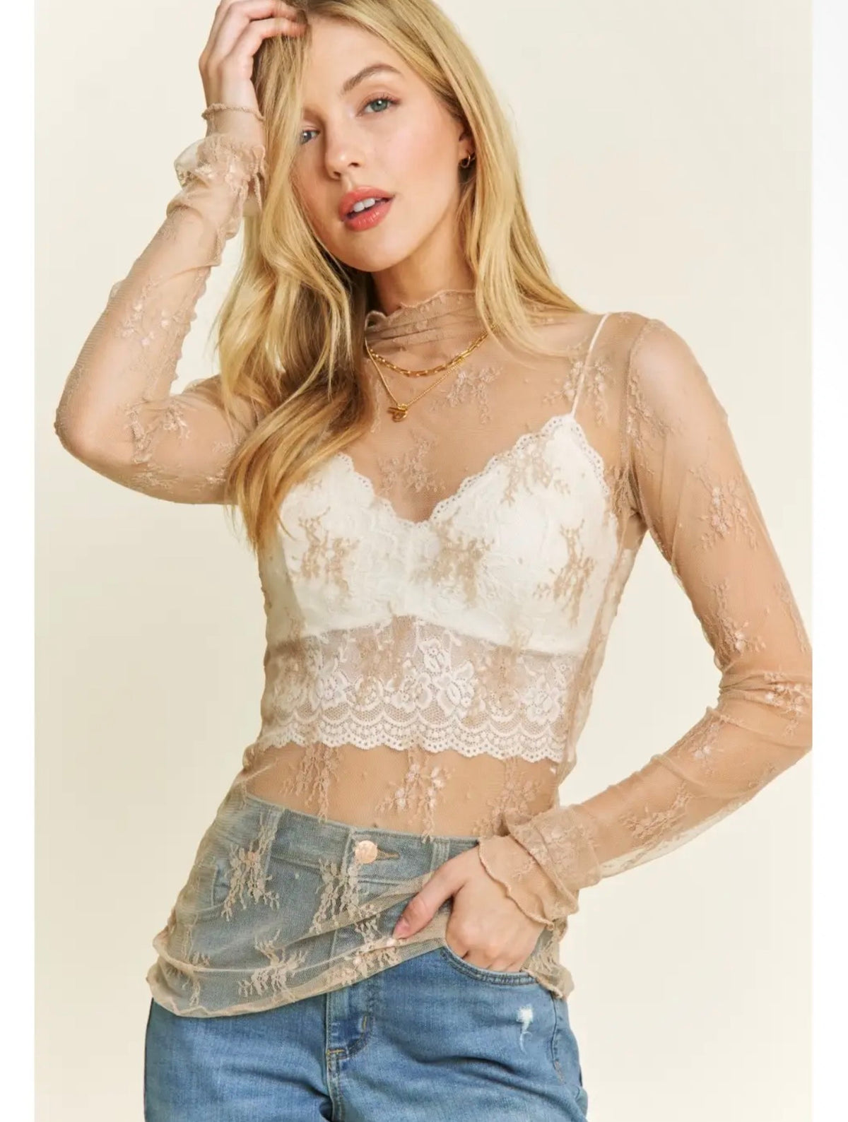 Lace Mesh Long Sleeve Beige