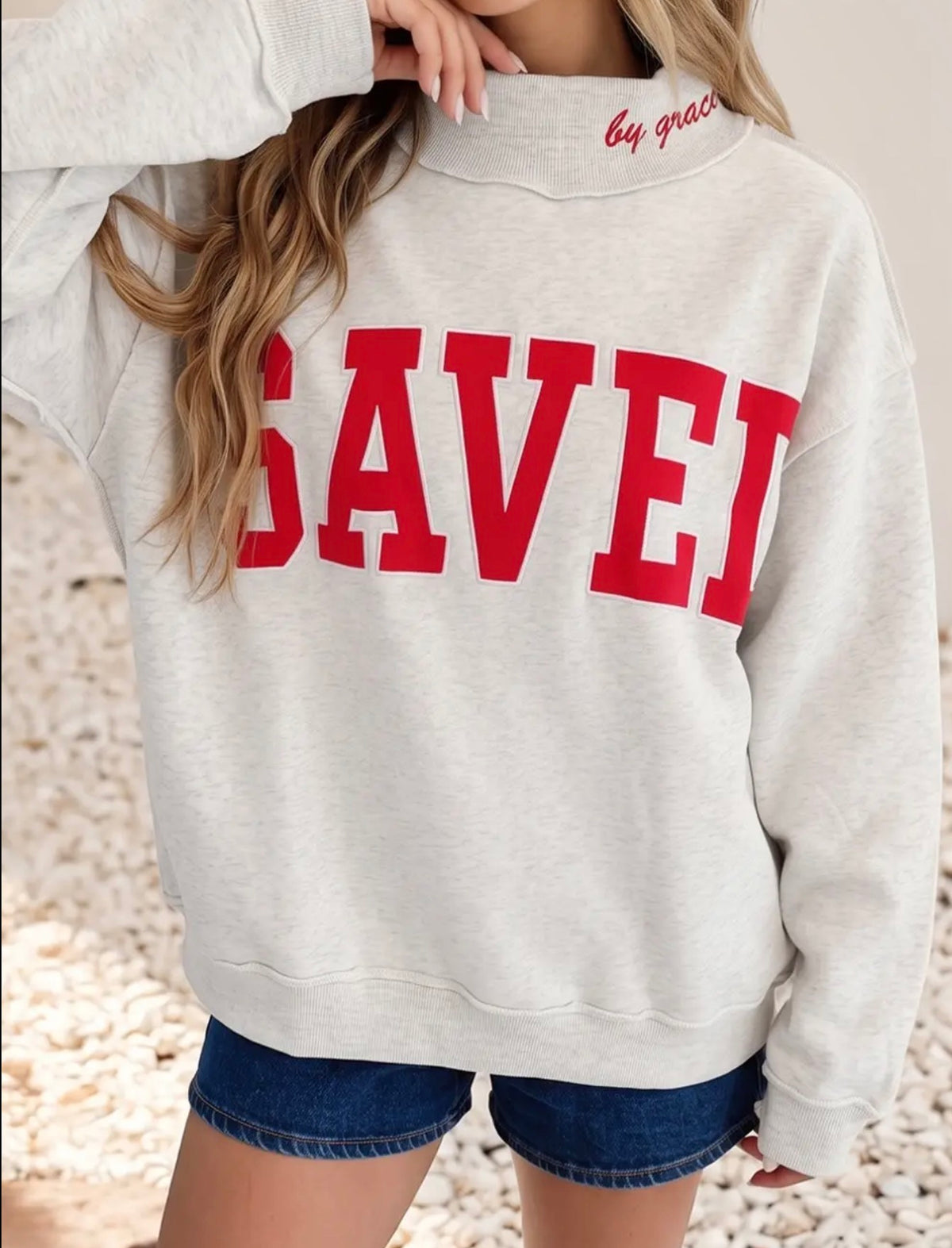 Saved By Grace Mock Neck Grey