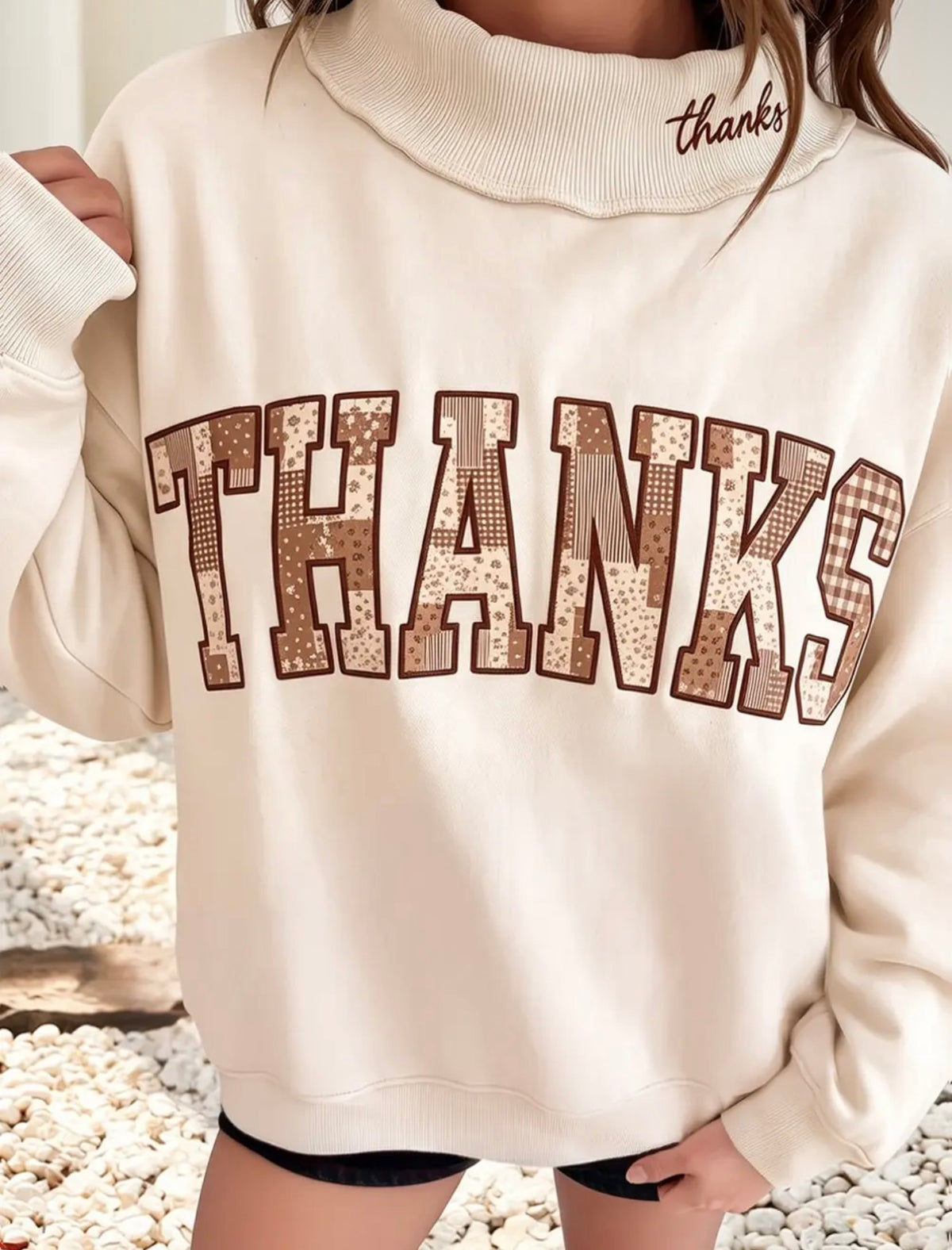 THANKS Embroidered Mockneck Sweater