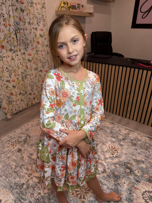 Kids Sage & Rust Fall Floral Button Dress with Pockets