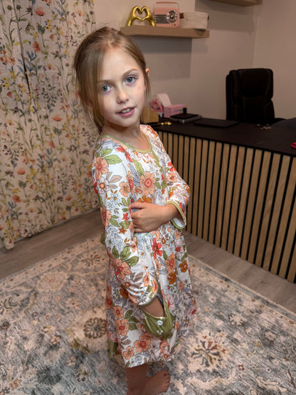 Kids Sage & Rust Fall Floral Button Dress with Pockets
