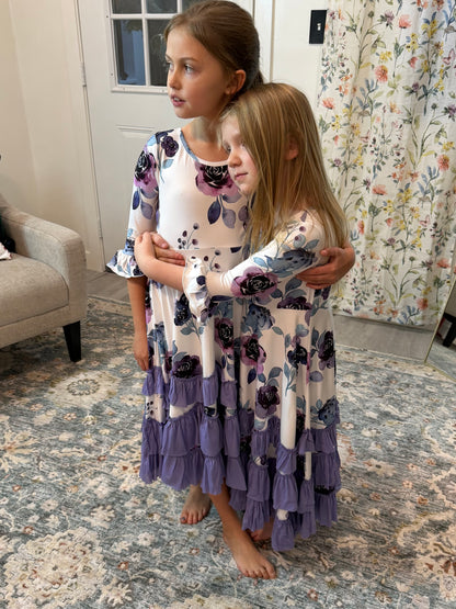 Girls Lavender Winter Floral Long Sleeve Ruffles Dress