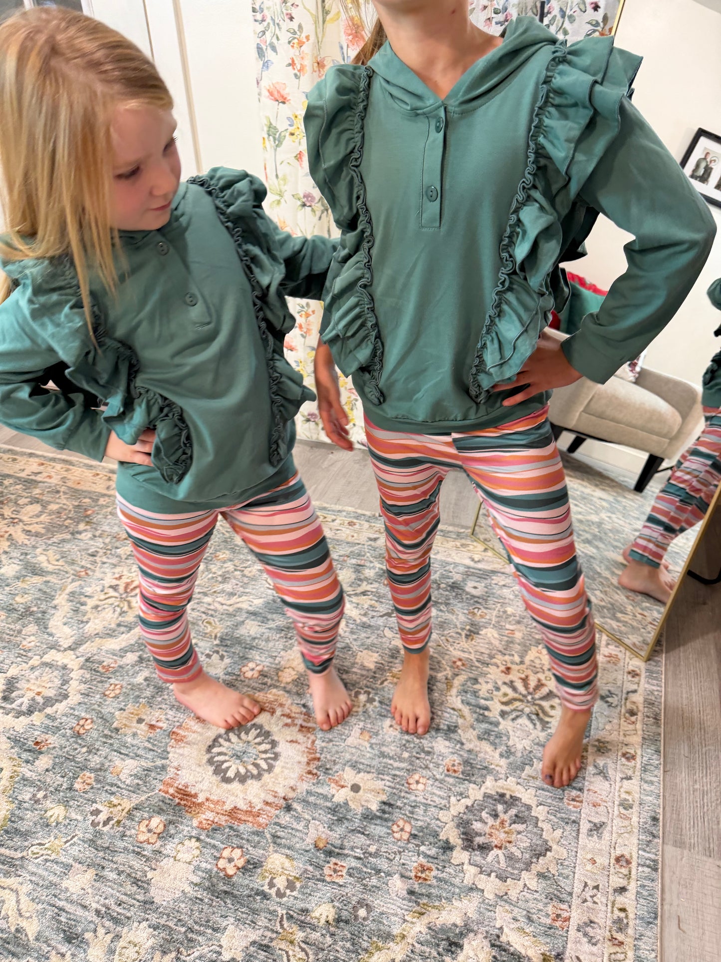 Kids Sage Double Ruffle Button Hoodie & Stripe Leggings Set