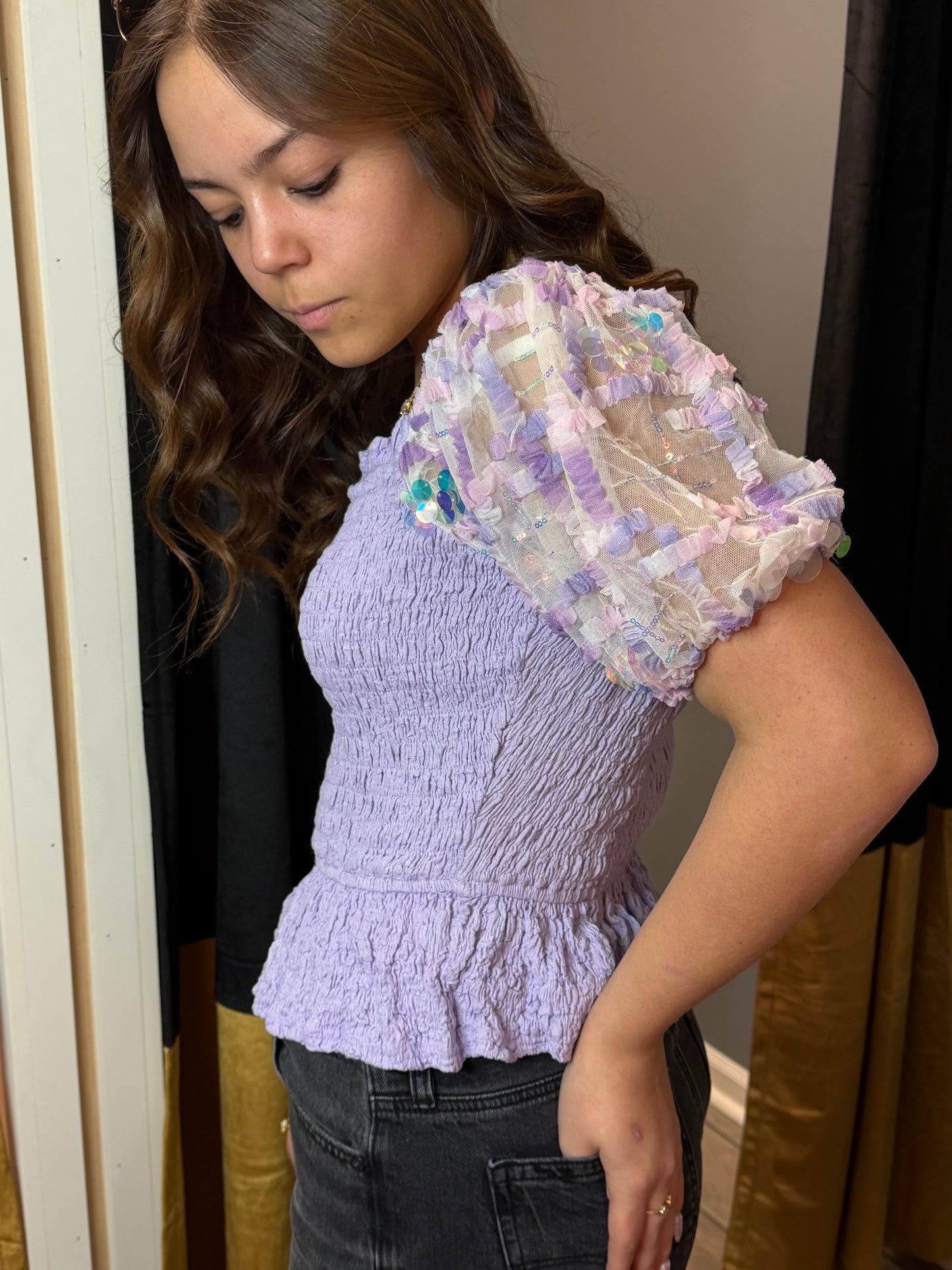 Sequin Smocked Lavender Top