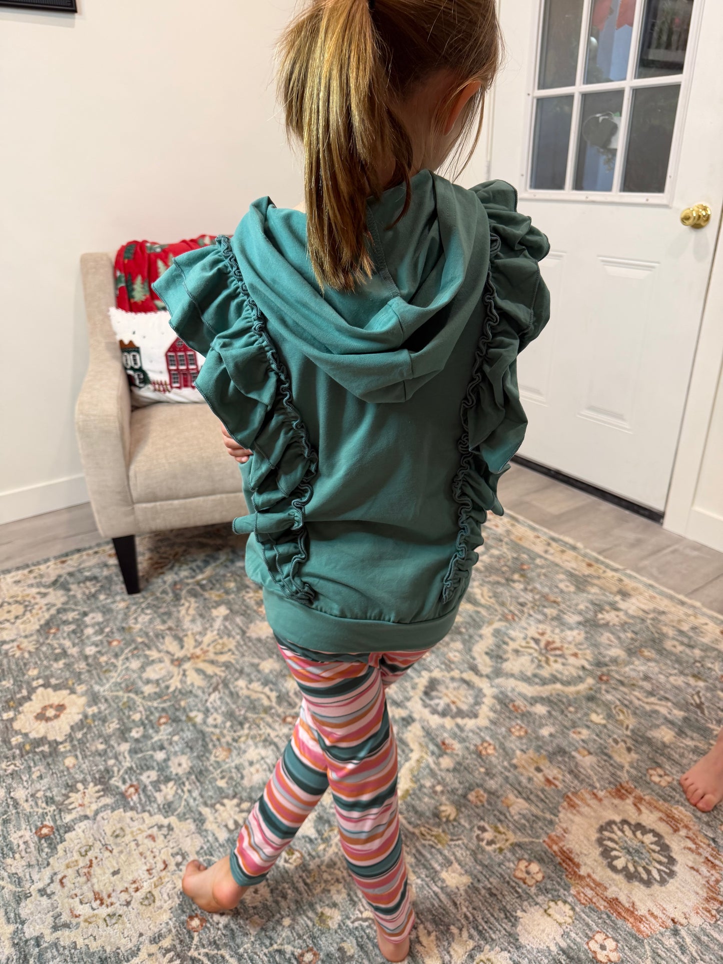 Kids Sage Double Ruffle Button Hoodie & Stripe Leggings Set