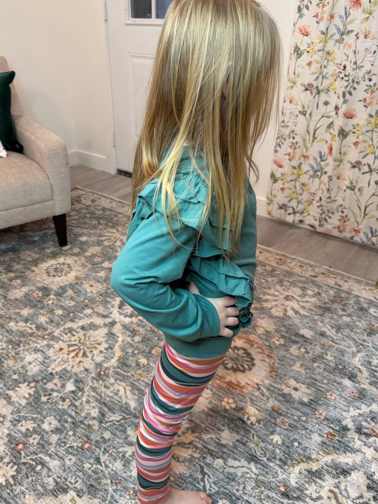 Kids Sage Double Ruffle Button Hoodie & Stripe Leggings Set