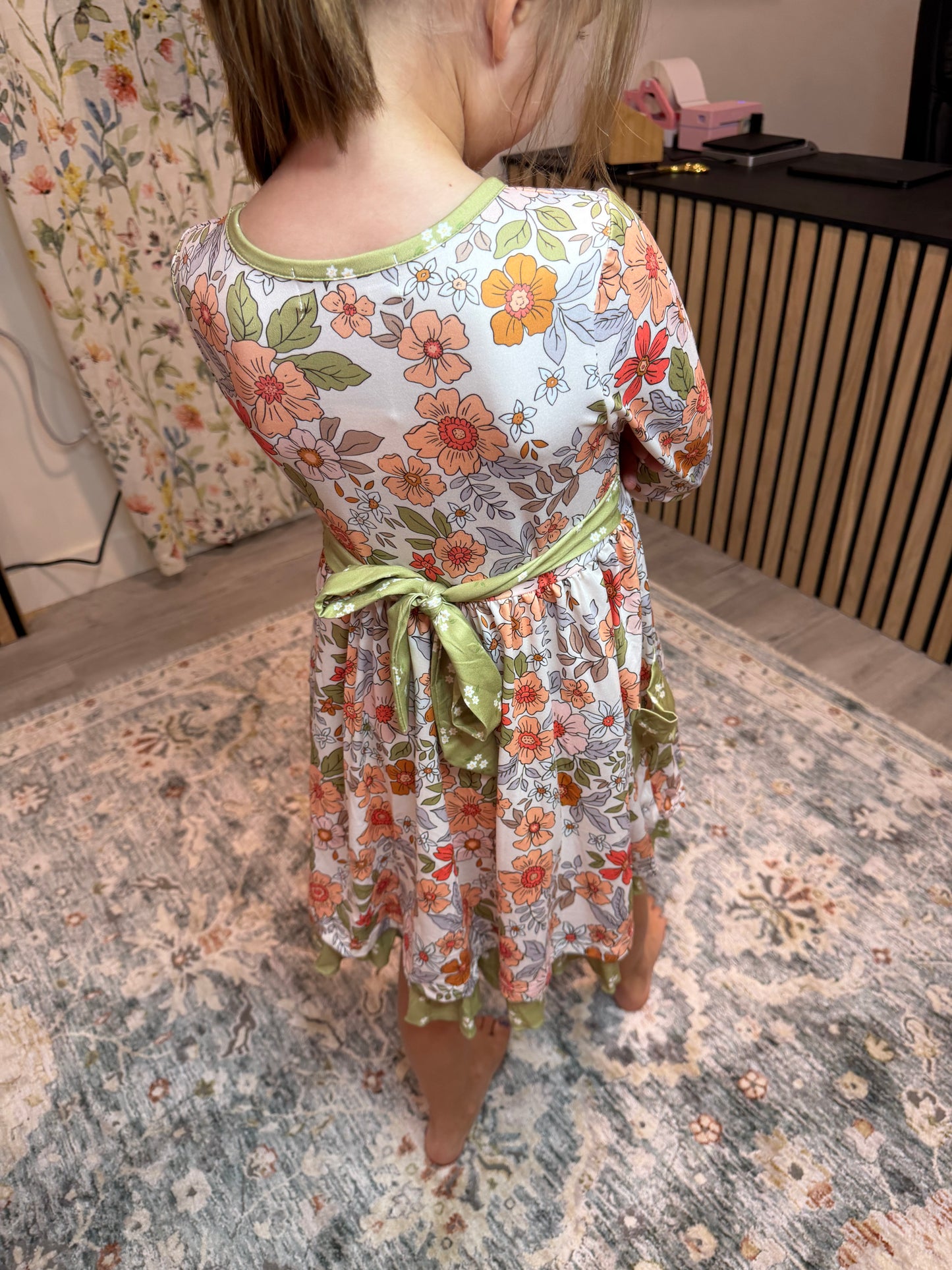 Kids Sage & Rust Fall Floral Button Dress with Pockets