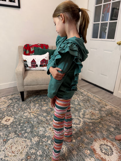 Kids Sage Double Ruffle Button Hoodie & Stripe Leggings Set