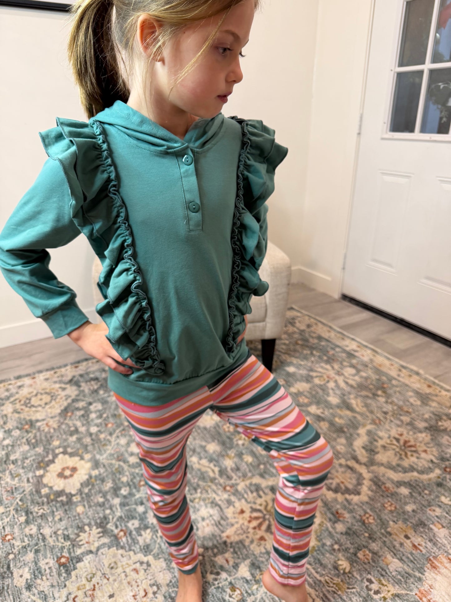 Kids Sage Double Ruffle Button Hoodie & Stripe Leggings Set