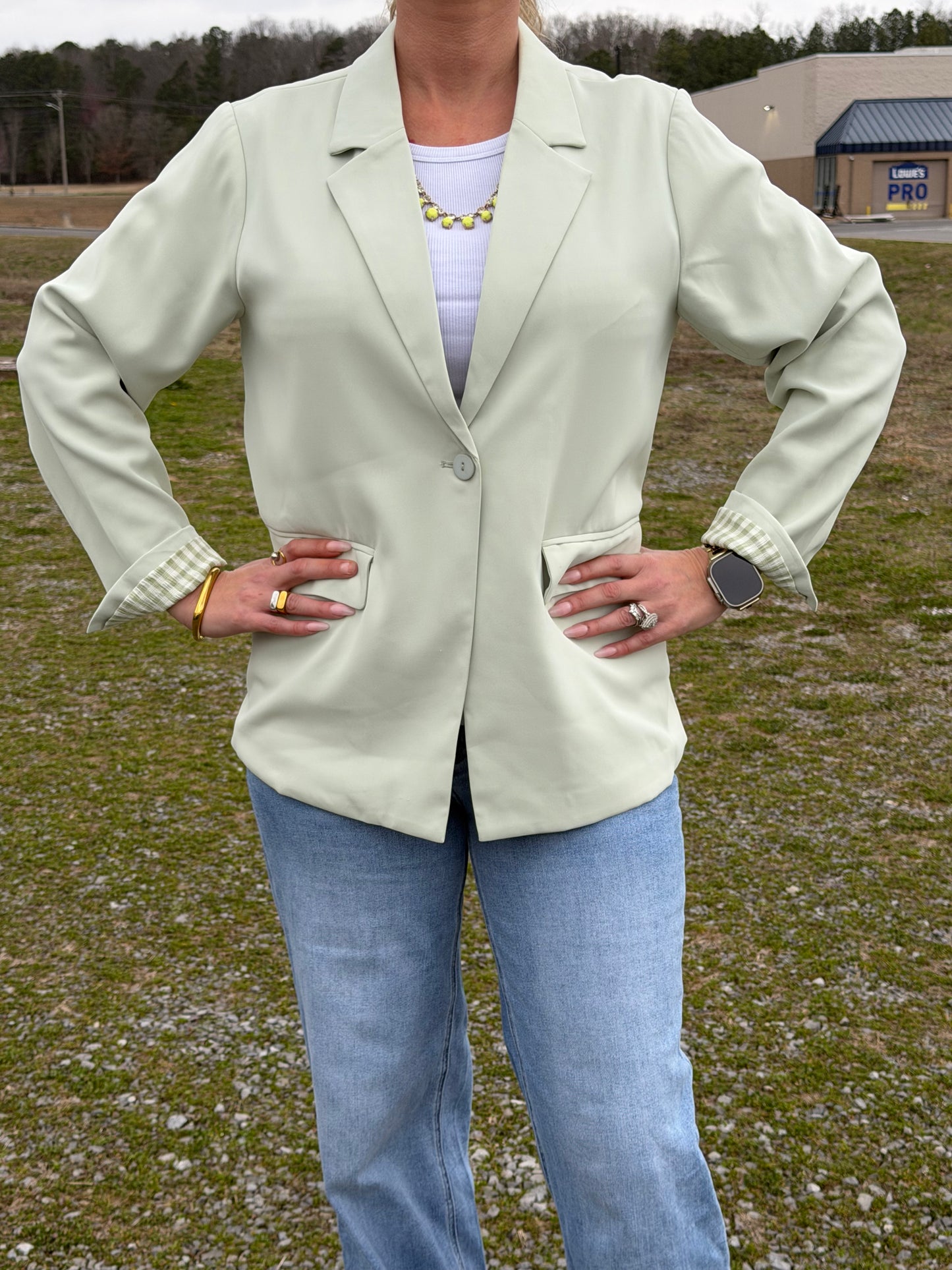 Sunday Edition Sage Oversized Blazer (Gingham Lined)