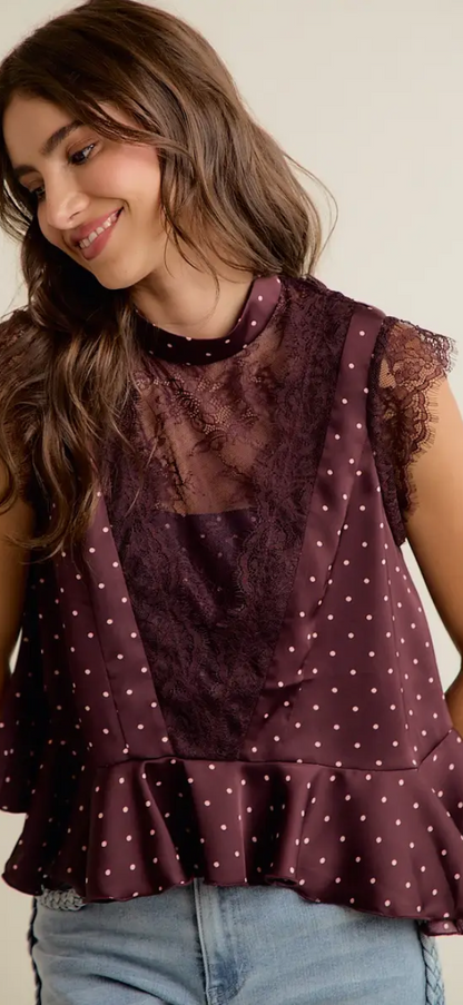 Sweet Bordeaux Polka Dot Satin Blouse