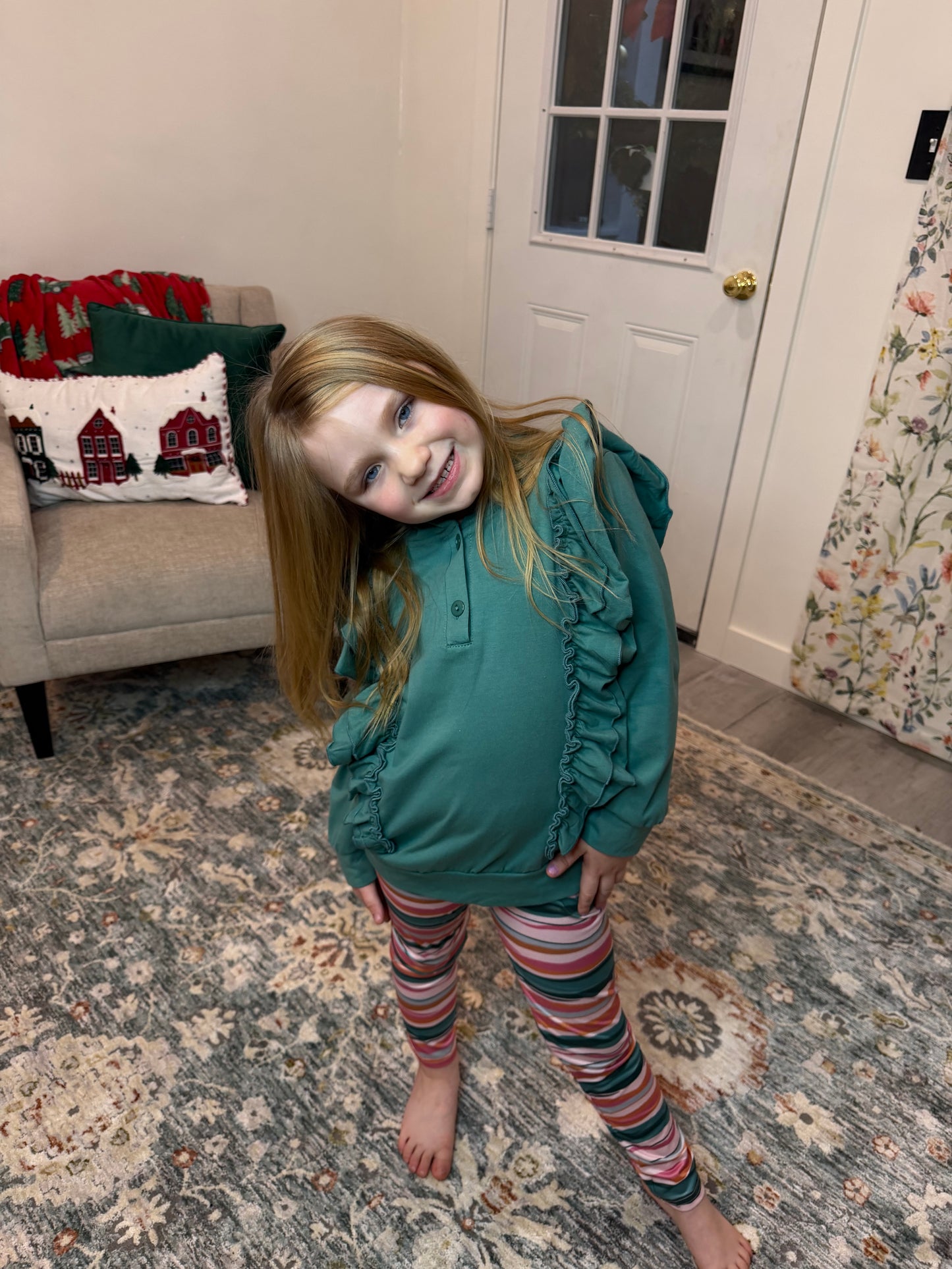 Kids Sage Double Ruffle Button Hoodie & Stripe Leggings Set