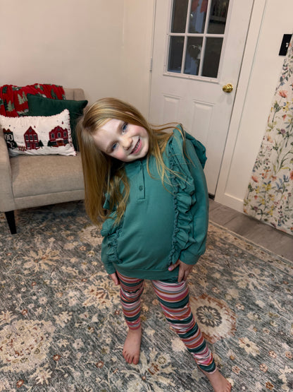 Kids Sage Double Ruffle Button Hoodie & Stripe Leggings Set