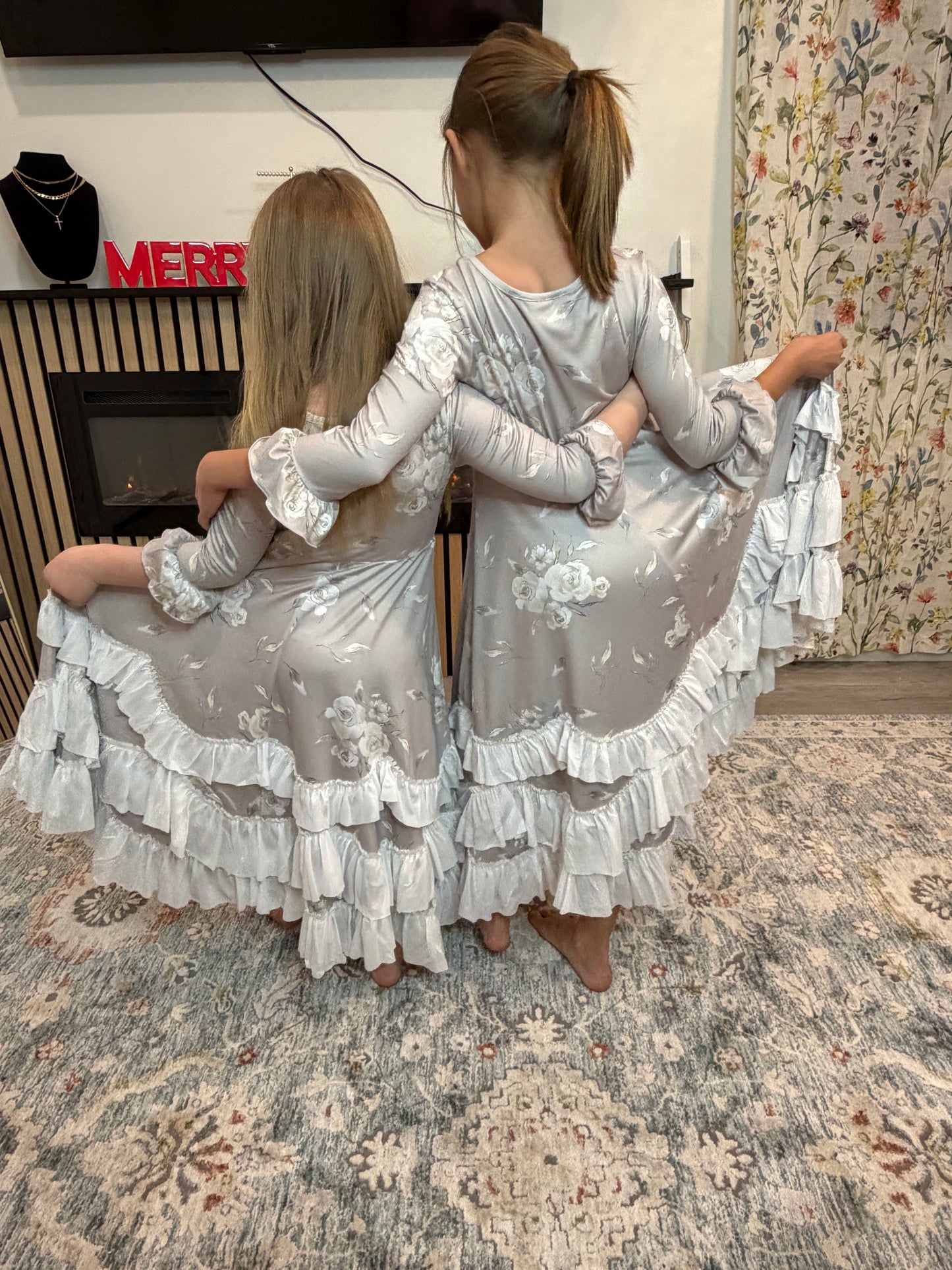 Girls Winter Rose Floral Long Sleeve Ruffles Dress