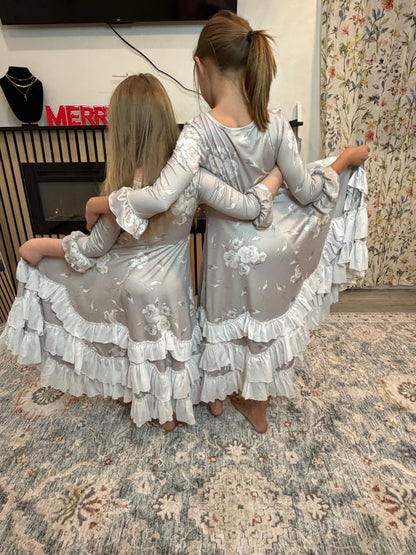 Girls Winter Rose Floral Long Sleeve Ruffles Dress