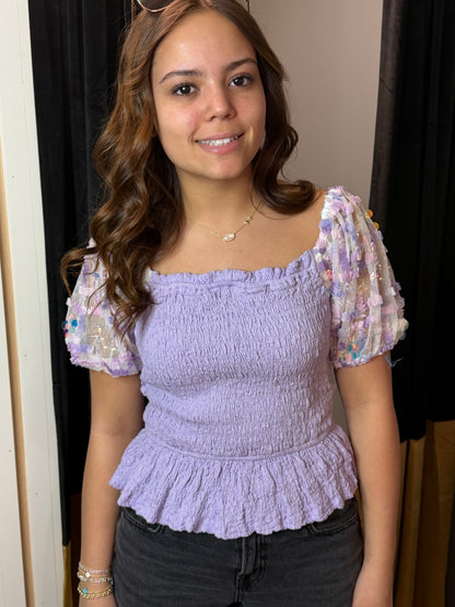 Sequin Smocked Lavender Top