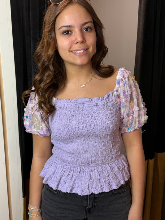 Sequin Smocked Lavender Top
