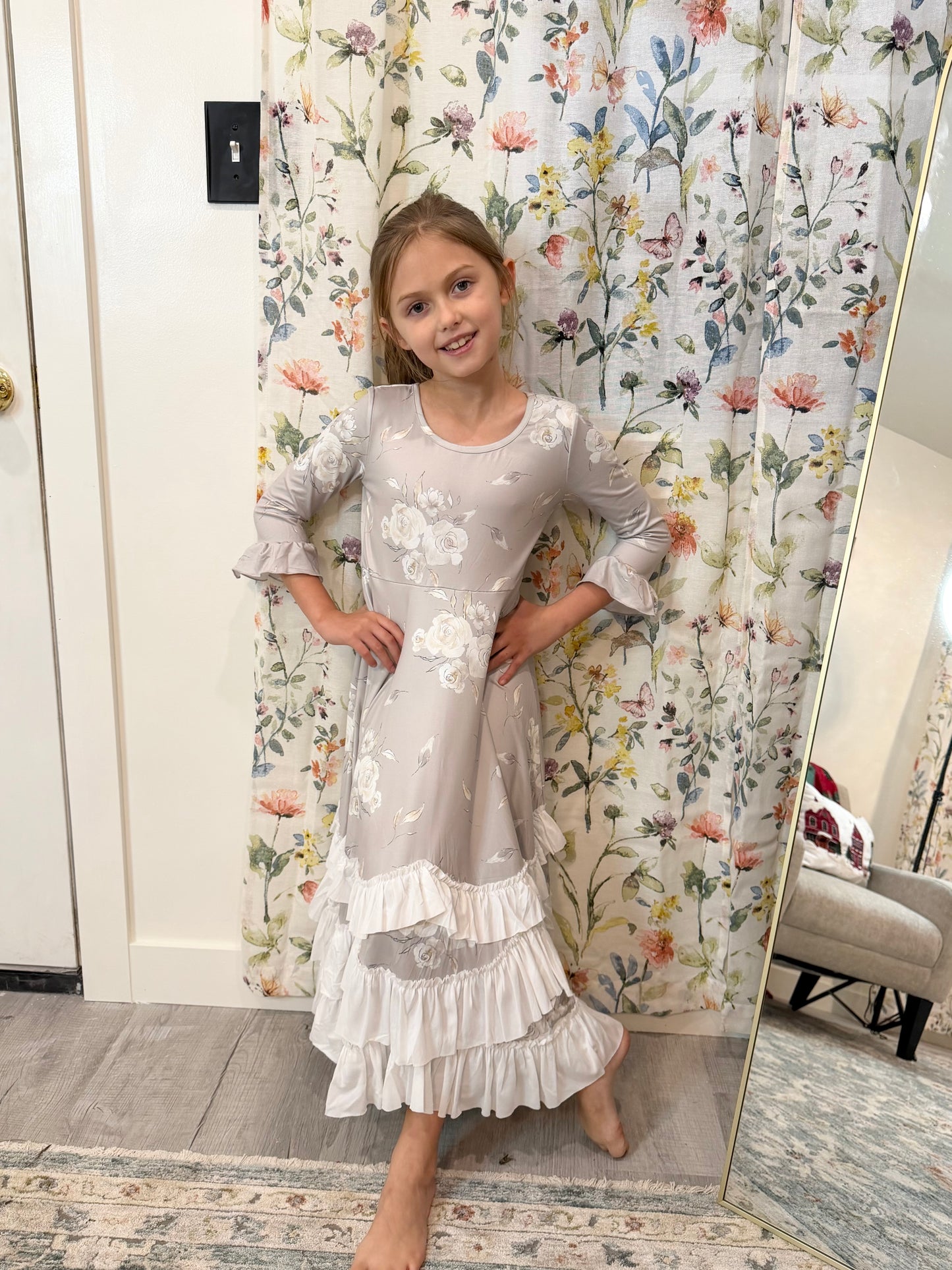 Girls Winter Rose Floral Long Sleeve Ruffles Dress