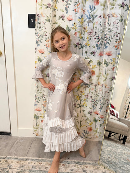 Girls Winter Rose Floral Long Sleeve Ruffles Dress