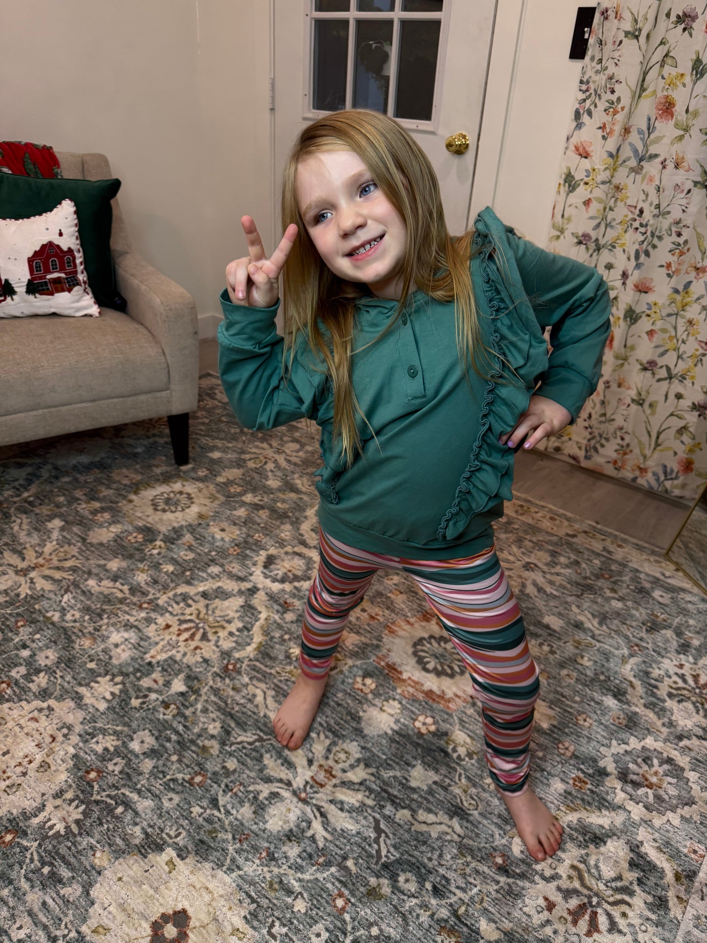 Kids Sage Double Ruffle Button Hoodie & Stripe Leggings Set