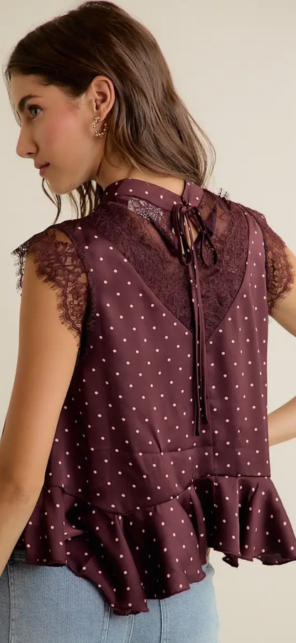 Sweet Bordeaux Polka Dot Satin Blouse