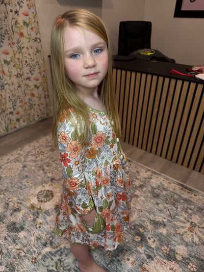 Kids Sage & Rust Fall Floral Button Dress with Pockets