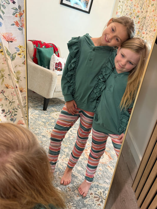 Kids Sage Double Ruffle Button Hoodie & Stripe Leggings Set