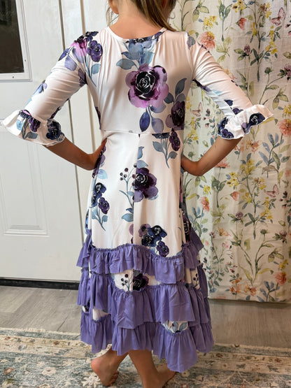 Girls Lavender Winter Floral Long Sleeve Ruffles Dress