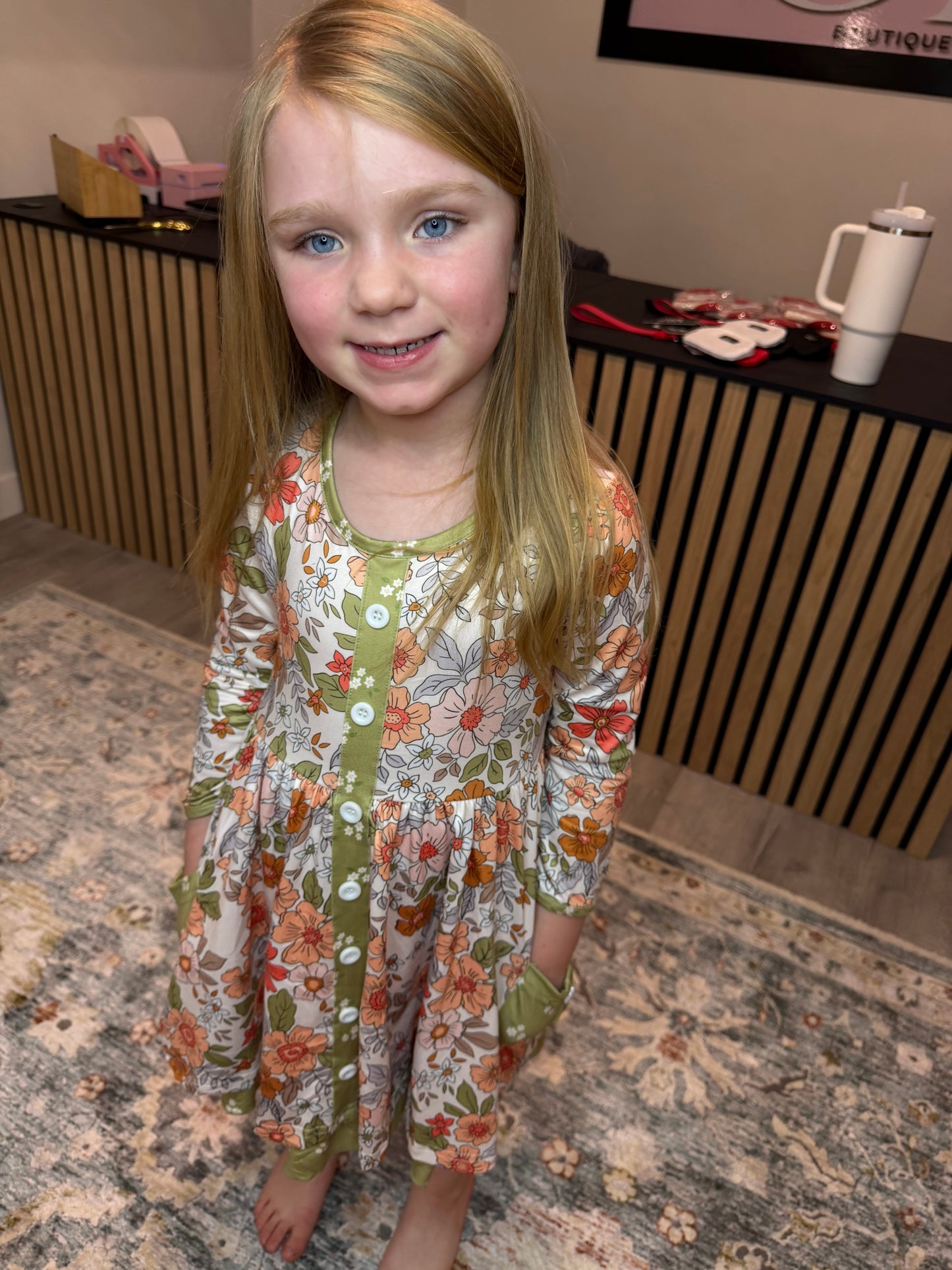 Kids Sage & Rust Fall Floral Button Dress with Pockets