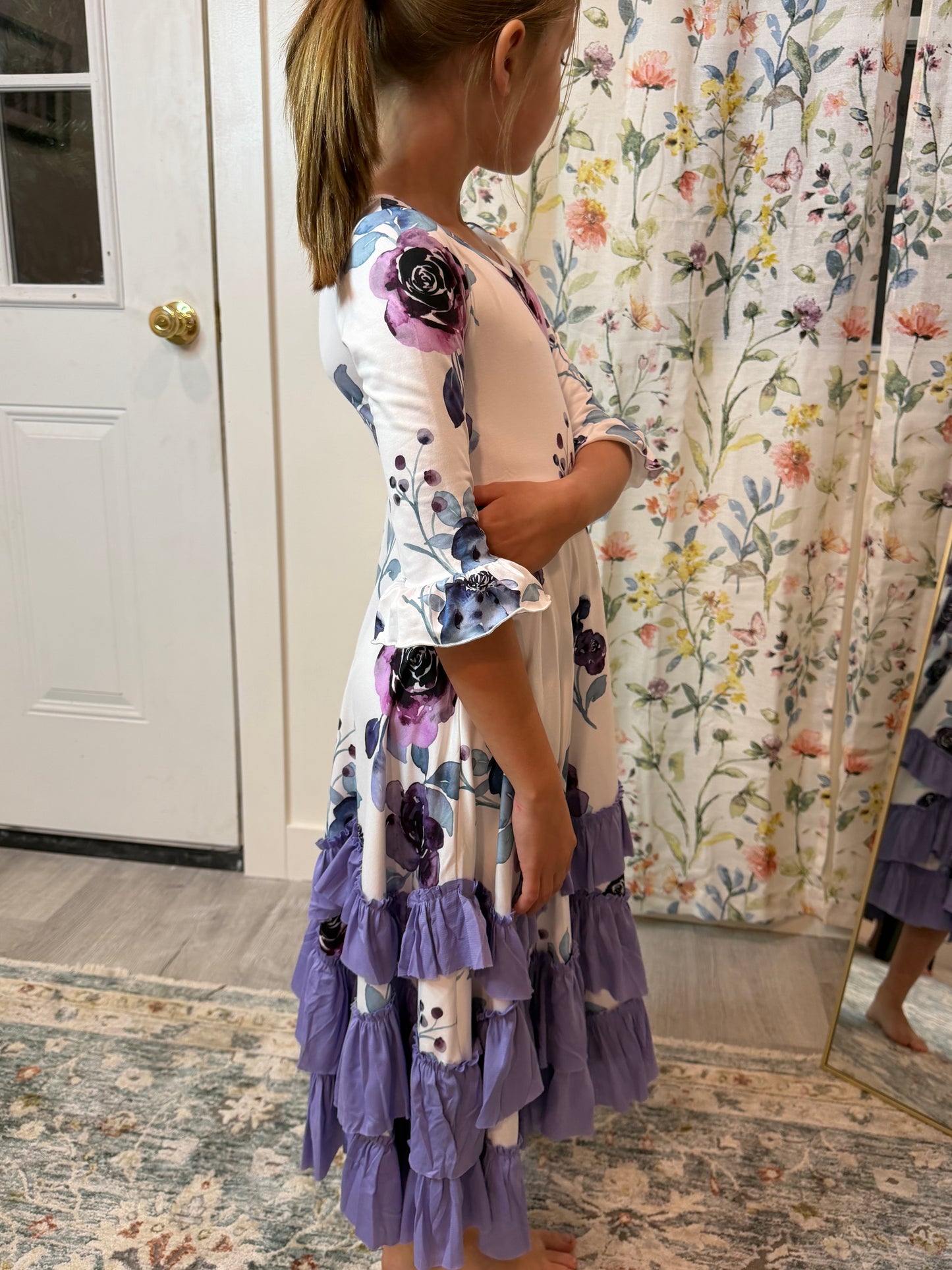 Girls Lavender Winter Floral Long Sleeve Ruffles Dress