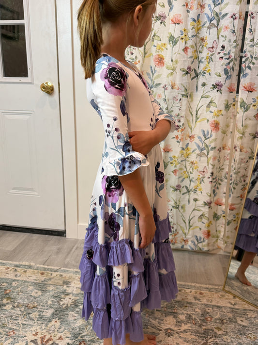 Girls Lavender Winter Floral Long Sleeve Ruffles Dress