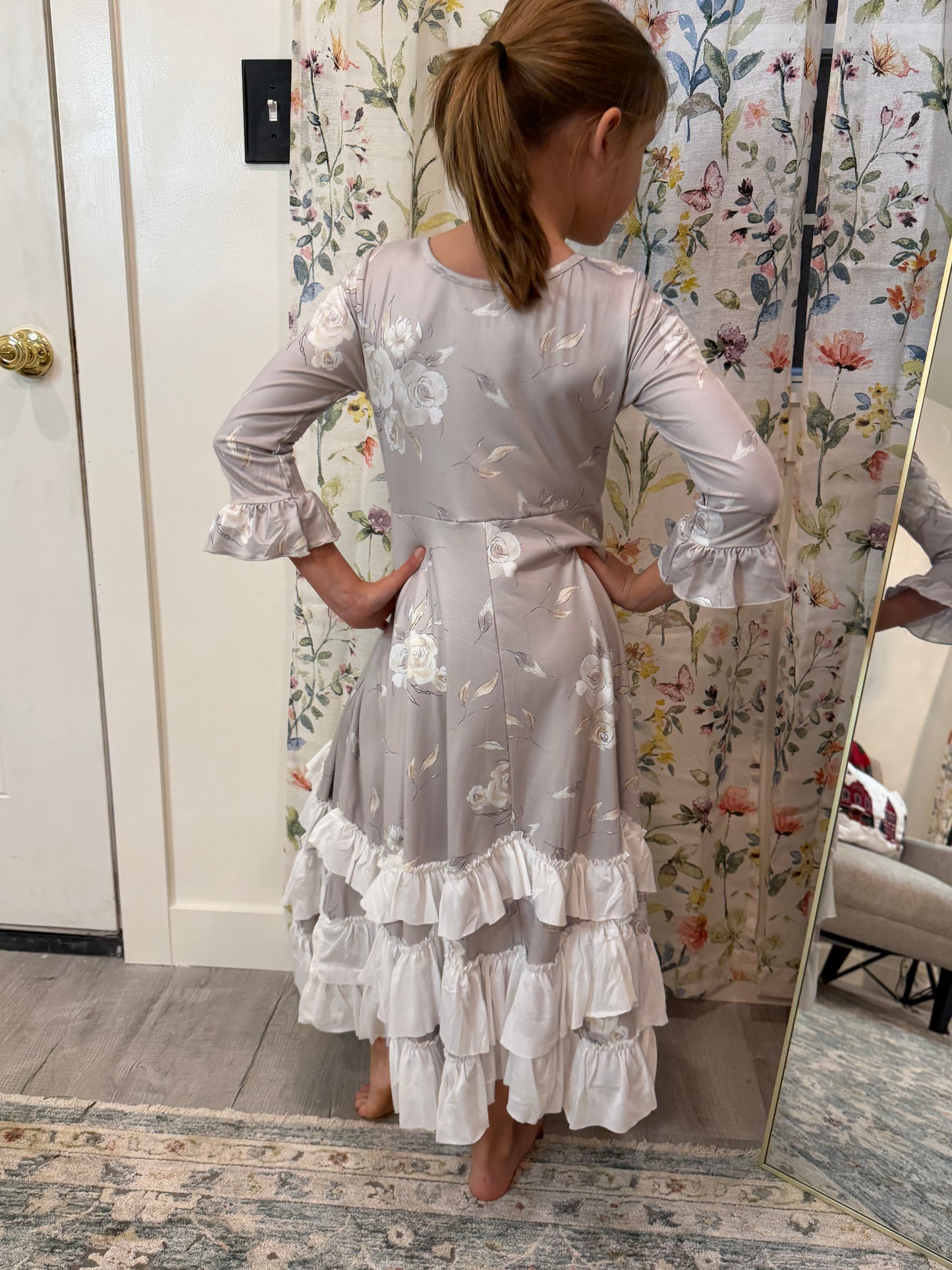 Girls Winter Rose Floral Long Sleeve Ruffles Dress