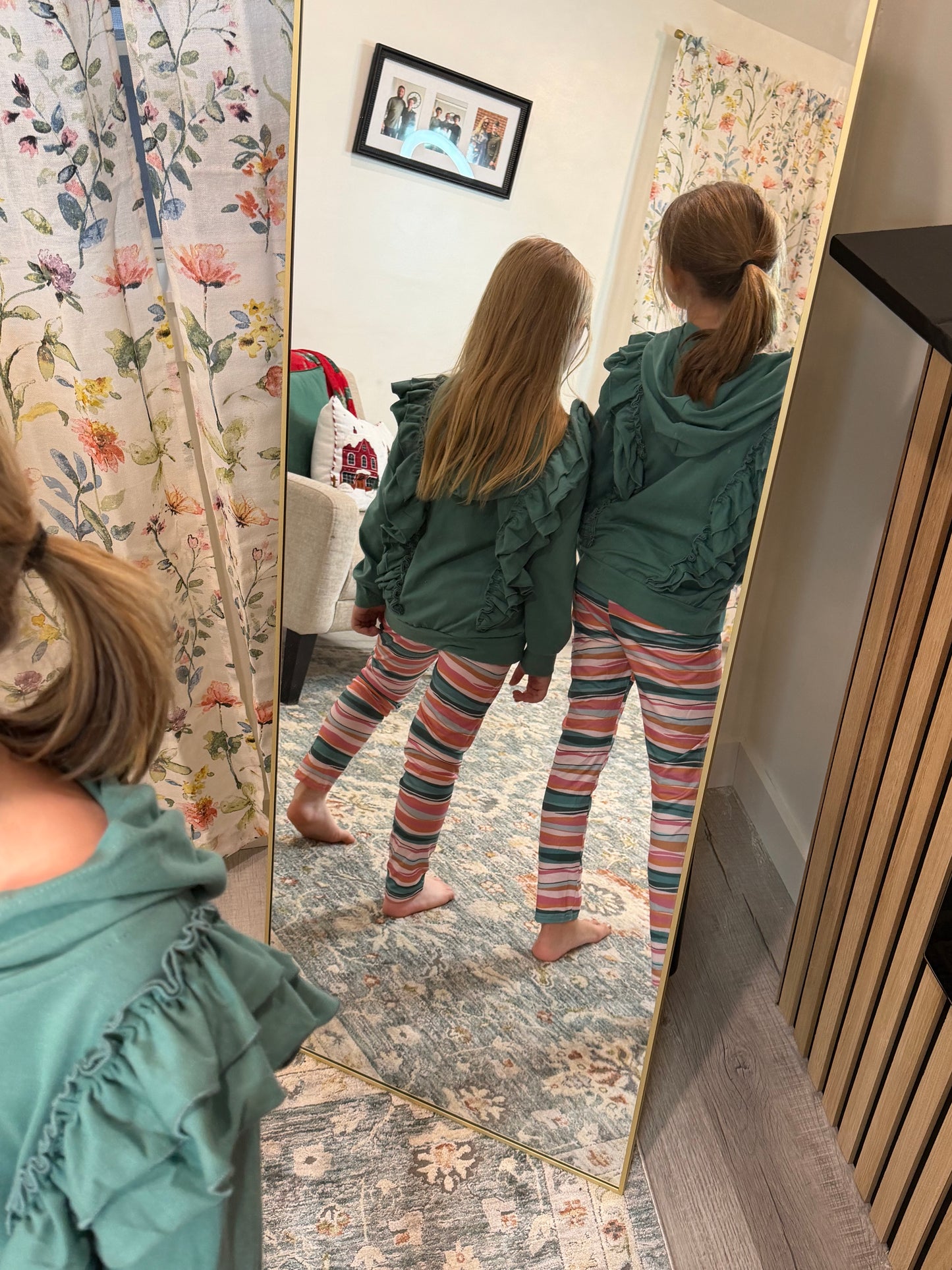 Kids Sage Double Ruffle Button Hoodie & Stripe Leggings Set