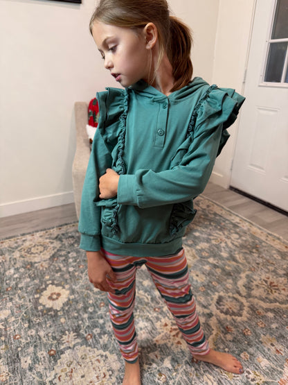 Kids Sage Double Ruffle Button Hoodie & Stripe Leggings Set