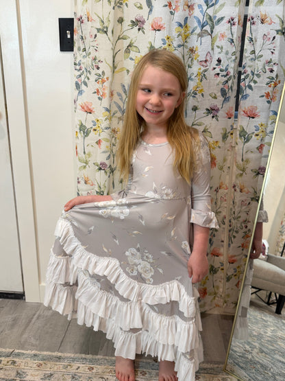 Girls Winter Rose Floral Long Sleeve Ruffles Dress