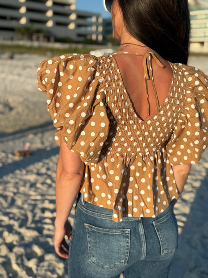 Grace Polka Dot Bubble Sleeve Smocked Blouse Beige