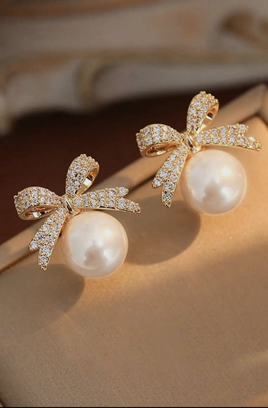 Bows that Sparkle Pearl Earrings