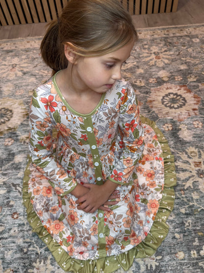 Kids Sage & Rust Fall Floral Button Dress with Pockets