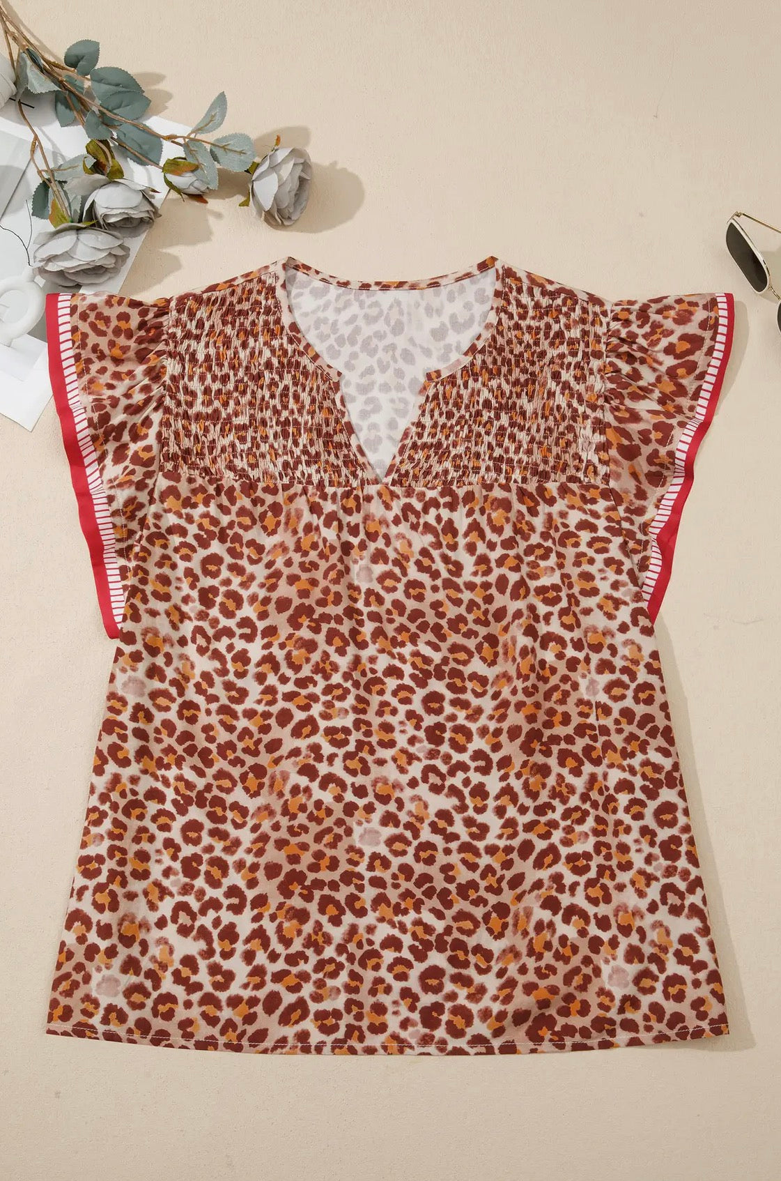 Leopard Ruffle V Neck Top