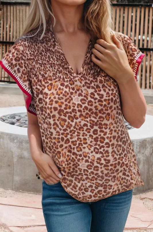 Leopard Ruffle V Neck Top